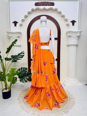 Orange Floral Printed Lehenga Choli with Ruffle Dupatta 5