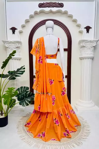 Orange Floral Printed Lehenga Choli with Ruffle Dupatta