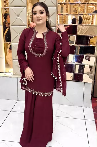 Women's maroon georgette mirror work short kurti with palazzo pant & dupatta set