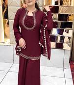 Women's maroon georgette mirror work short kurti with palazzo pant & dupatta set
