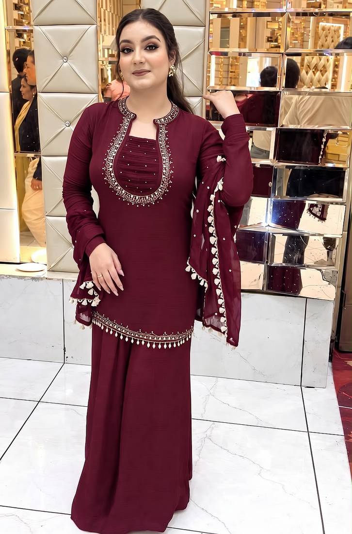Women's maroon georgette mirror work short kurti with palazzo pant & dupatta set