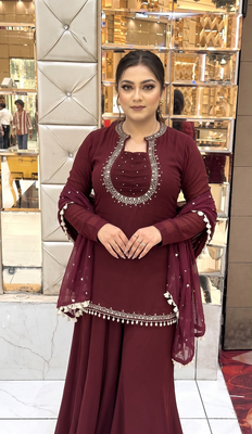 Women's maroon georgette mirror work short kurti with palazzo pant & dupatta set 2