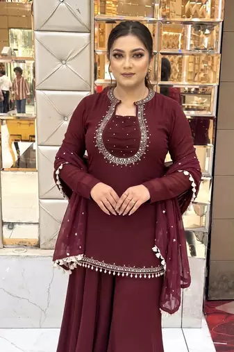 Women's maroon georgette mirror work short kurti with palazzo pant & dupatta set