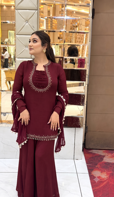 Women's maroon georgette mirror work short kurti with palazzo pant & dupatta set 3