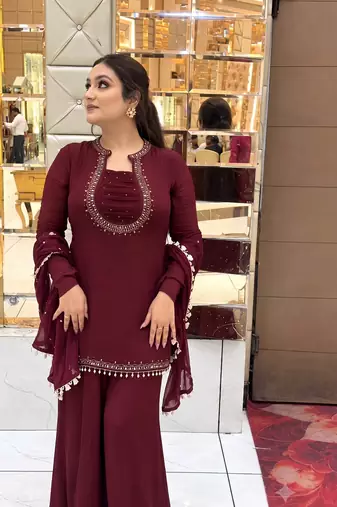 Women's maroon georgette mirror work short kurti with palazzo pant & dupatta set