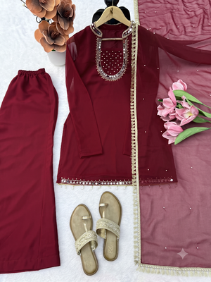 Women's maroon georgette mirror work short kurti with palazzo pant & dupatta set 4