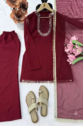 Women's maroon georgette mirror work short kurti with palazzo pant & dupatta set