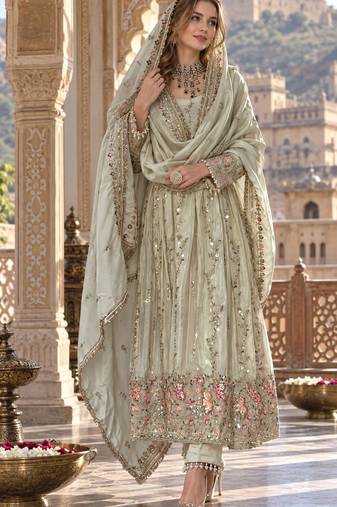White silk blend readymade anarkali suit with embroidery & sequence work