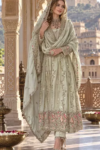 White silk blend readymade anarkali suit with embroidery & sequence work