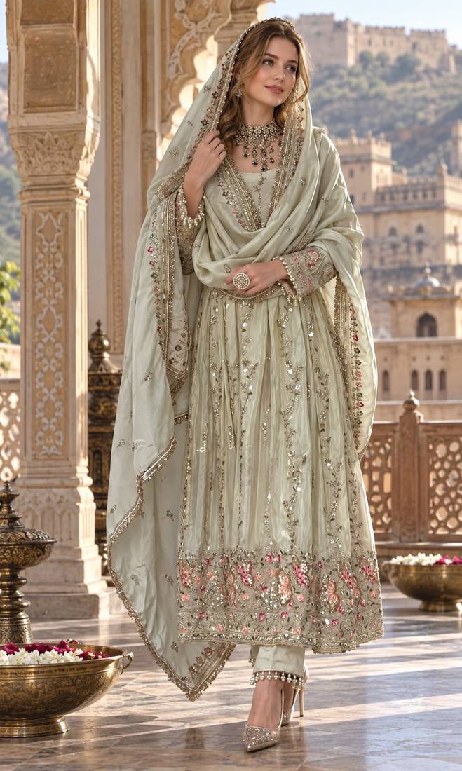 White silk blend readymade anarkali suit with embroidery & sequence work