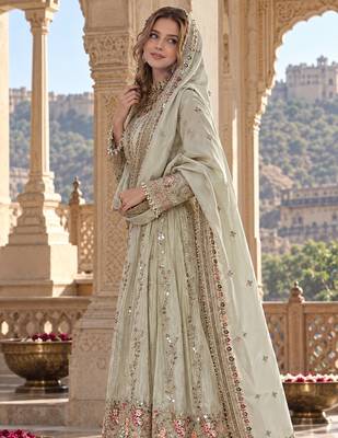 White silk blend readymade anarkali suit with embroidery & sequence work 2
