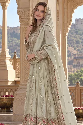White silk blend readymade anarkali suit with embroidery & sequence work