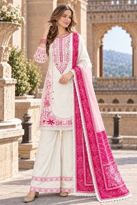 White&pink rayon readymade suit with embroidery & lace border work 1