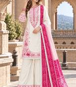 White&pink rayon readymade suit with embroidery & lace border work