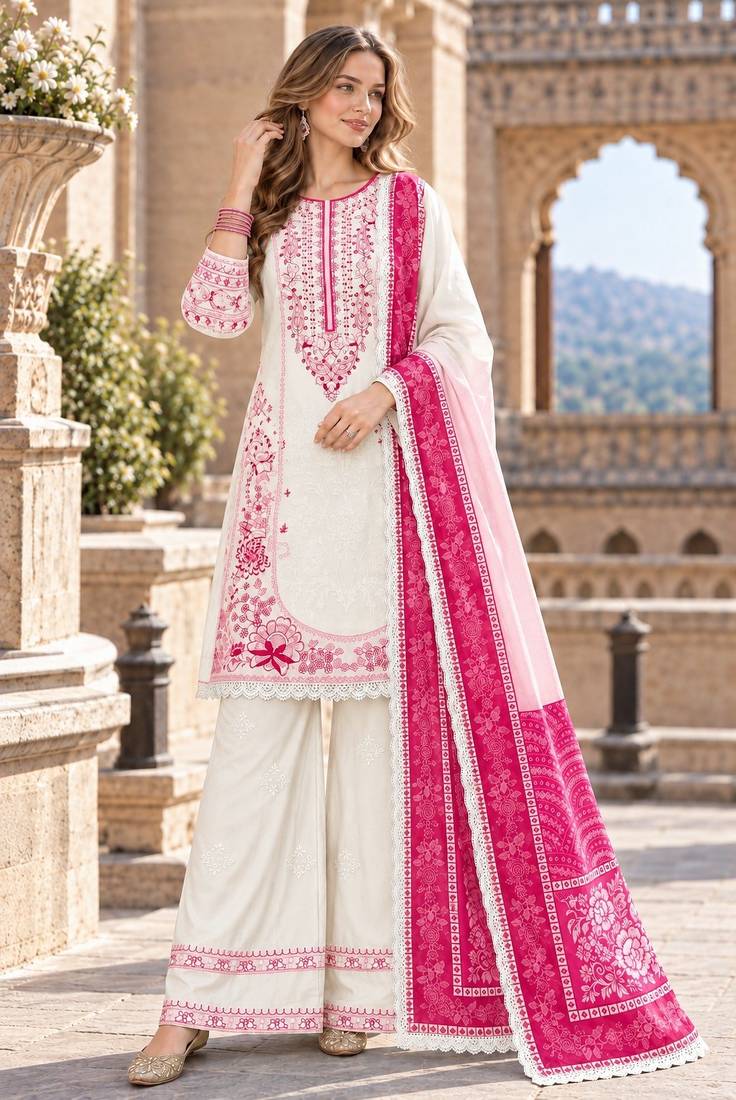 White&pink rayon readymade suit with embroidery & lace border work