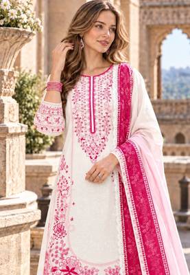 White&pink rayon readymade suit with embroidery & lace border work 2