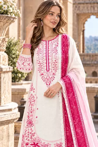 White&pink rayon readymade suit with embroidery & lace border work