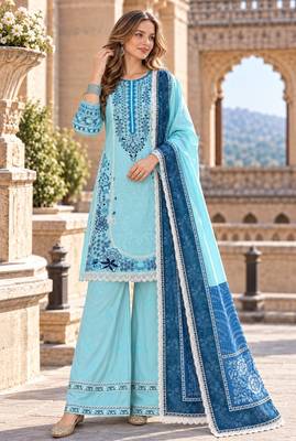 Blue rayon readymade suit with embroidery & lace border work 1