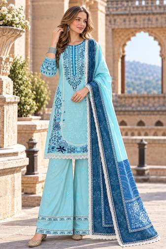 Blue rayon readymade suit with embroidery & lace border work