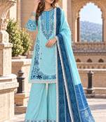Blue rayon readymade suit with embroidery & lace border work