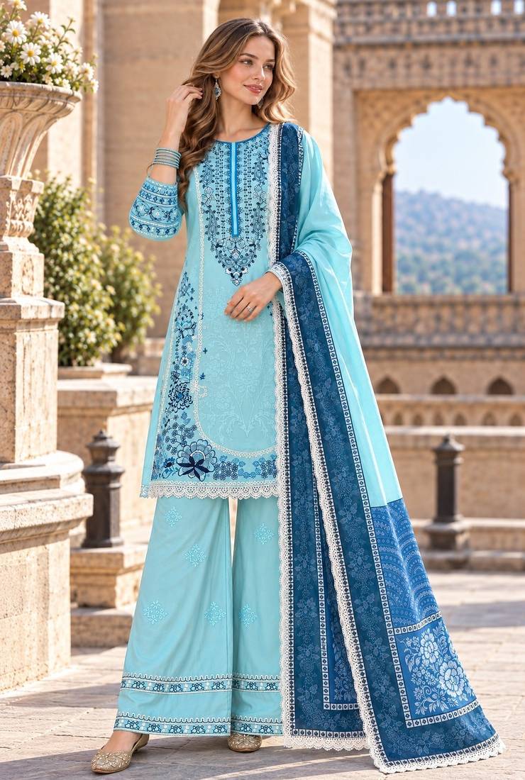 Blue rayon readymade suit with embroidery & lace border work