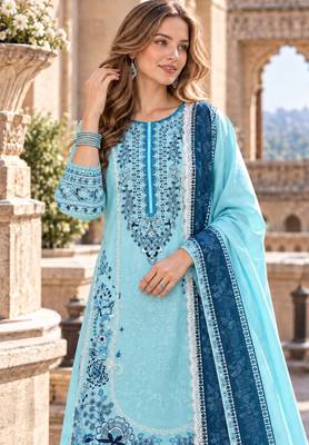 Blue rayon readymade suit with embroidery & lace border work 2