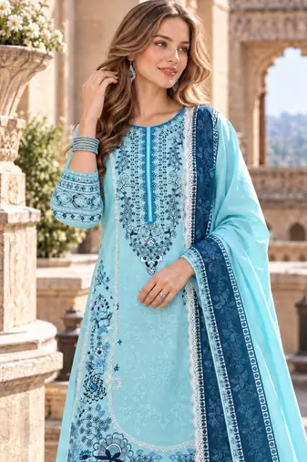 Blue rayon readymade suit with embroidery & lace border work