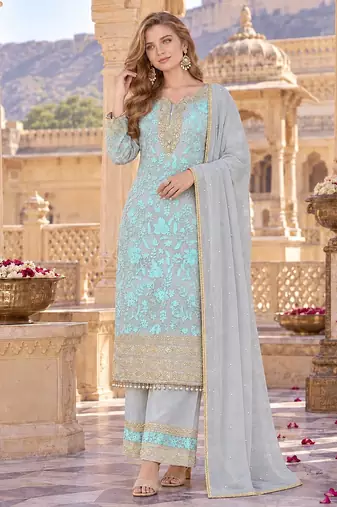 Grey&blue georgette readymade suit with embroidery & sequence work