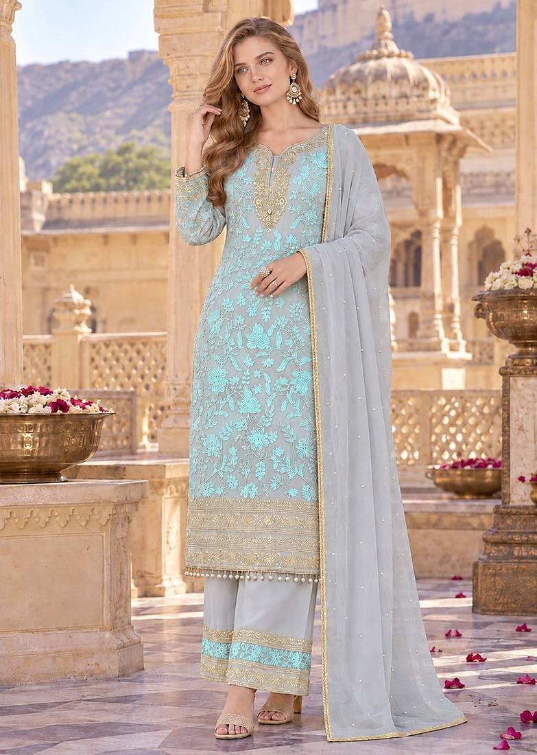 Grey&blue georgette readymade suit with embroidery & sequence work