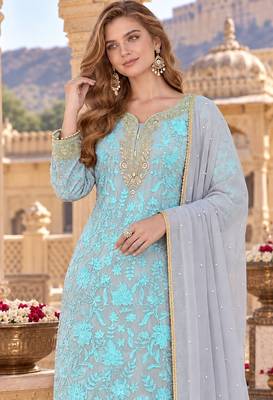 Grey&blue georgette readymade suit with embroidery & sequence work 2