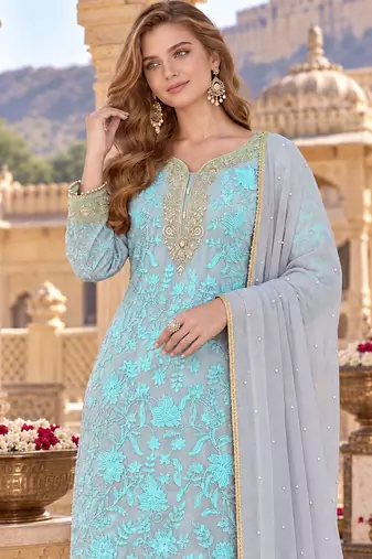 Grey&blue georgette readymade suit with embroidery & sequence work