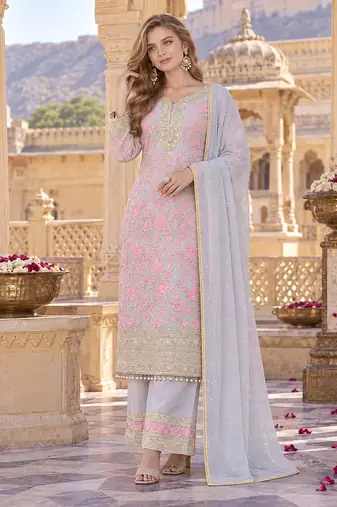 Grey&pink georgette readymade suit with embroidery & sequence work