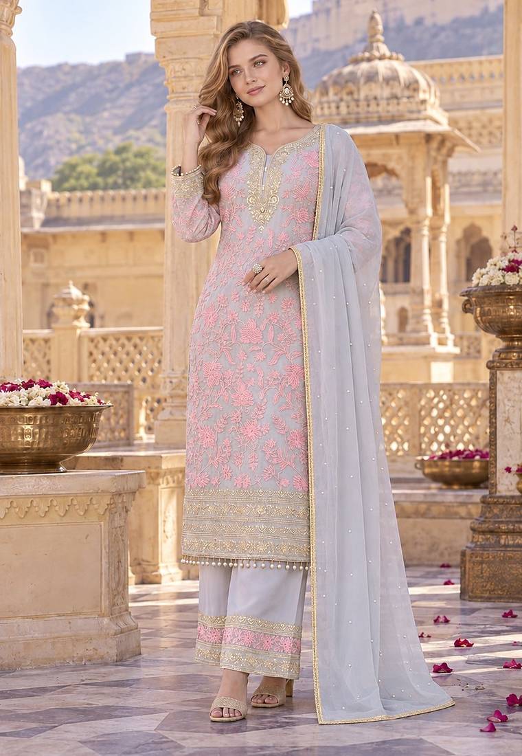 Grey&pink georgette readymade suit with embroidery & sequence work