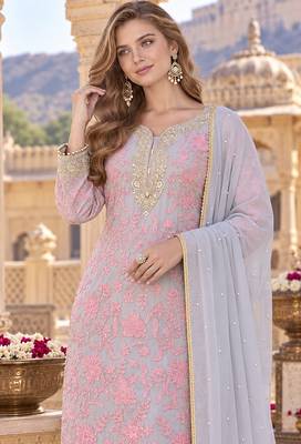 Grey&pink georgette readymade suit with embroidery & sequence work 2