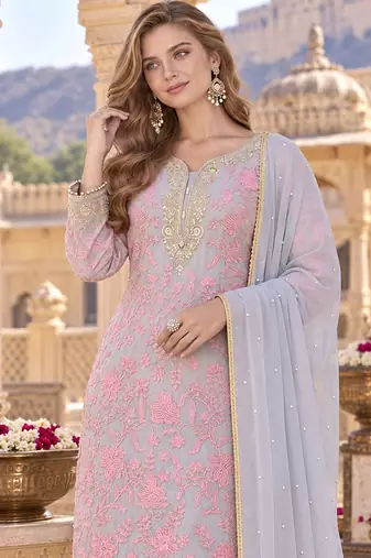 Grey&pink georgette readymade suit with embroidery & sequence work