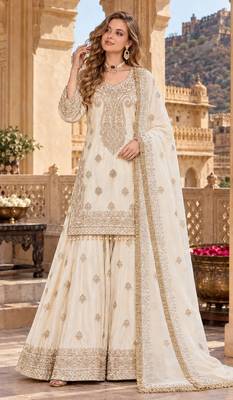Beige chinon readymade suit with embroidery & sequence work 1