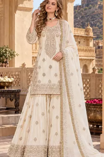 Beige chinon readymade suit with embroidery & sequence work