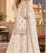 Beige chinon readymade suit with embroidery & sequence work