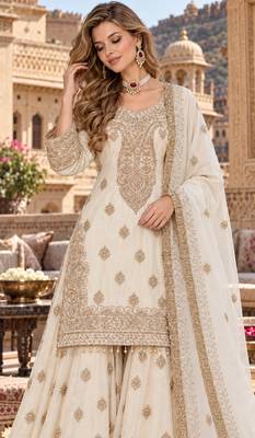 Beige chinon readymade suit with embroidery & sequence work 2