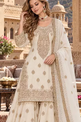 Beige chinon readymade suit with embroidery & sequence work