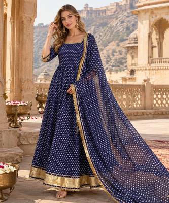 Navy georgette readymade anarkali suit with bandhej work 1