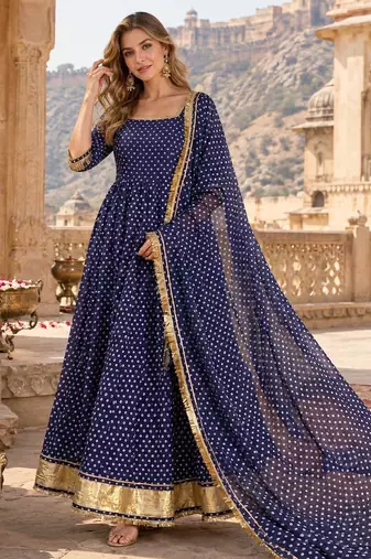 Navy georgette readymade anarkali suit with bandhej work