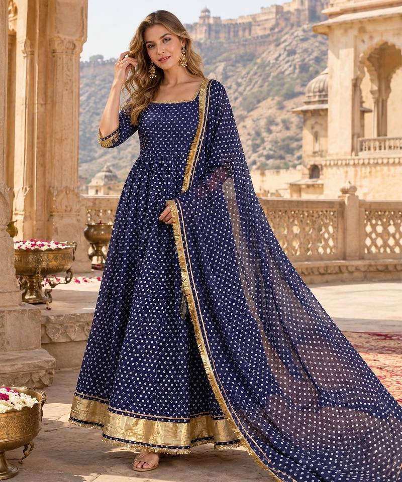 Navy georgette readymade anarkali suit with bandhej work