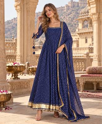Navy georgette readymade anarkali suit with bandhej work 2