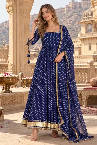 Navy georgette readymade anarkali suit with bandhej work