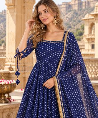 Navy georgette readymade anarkali suit with bandhej work 3