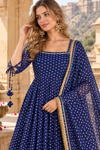 Navy georgette readymade anarkali suit with bandhej work