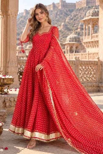 Navy georgette readymade anarkali suit with bandhej work