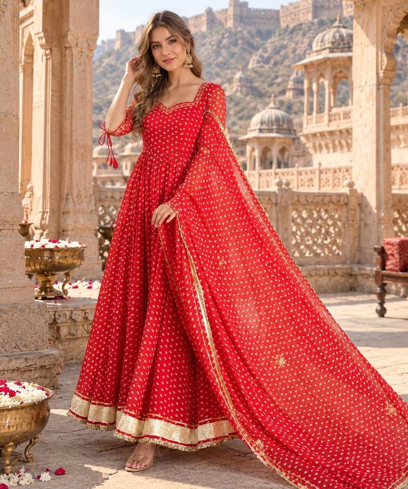 Navy georgette readymade anarkali suit with bandhej work