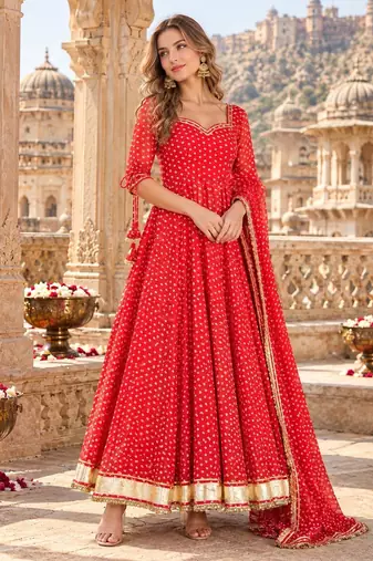 Navy georgette readymade anarkali suit with bandhej work